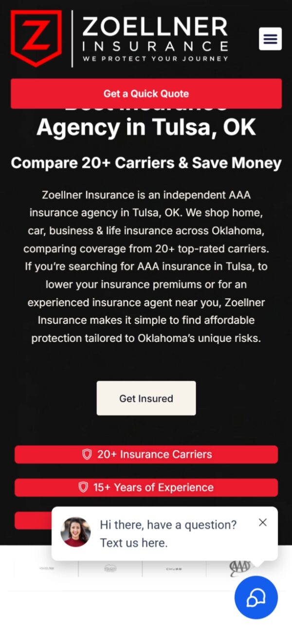 Zoellner Insurance mobile responsive website design — phone view