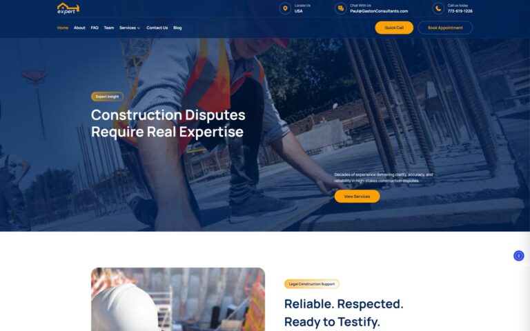 Expert Witness Construction website design by WebbDesignz — desktop homepage view