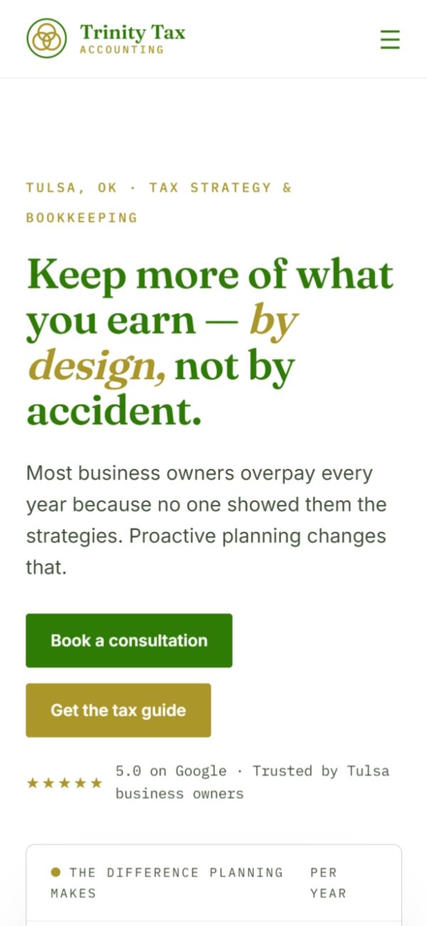 Trinity Tax Accounting mobile responsive website design — phone view